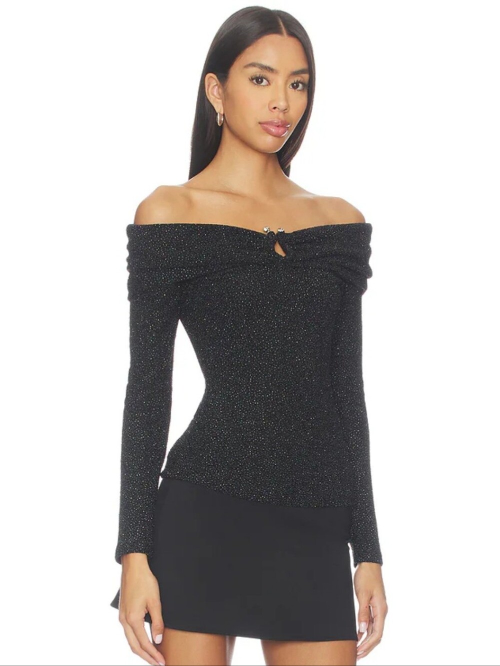 Ba&sh Bai Long Sleeve Off Shoulder Top Black Sparkle Size M